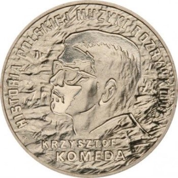 Rewers monety 2-złotowej z serii "Historia polskiej muzyki rozrywkowej" z 2010 roku w temacie Krzysztof Komeda
